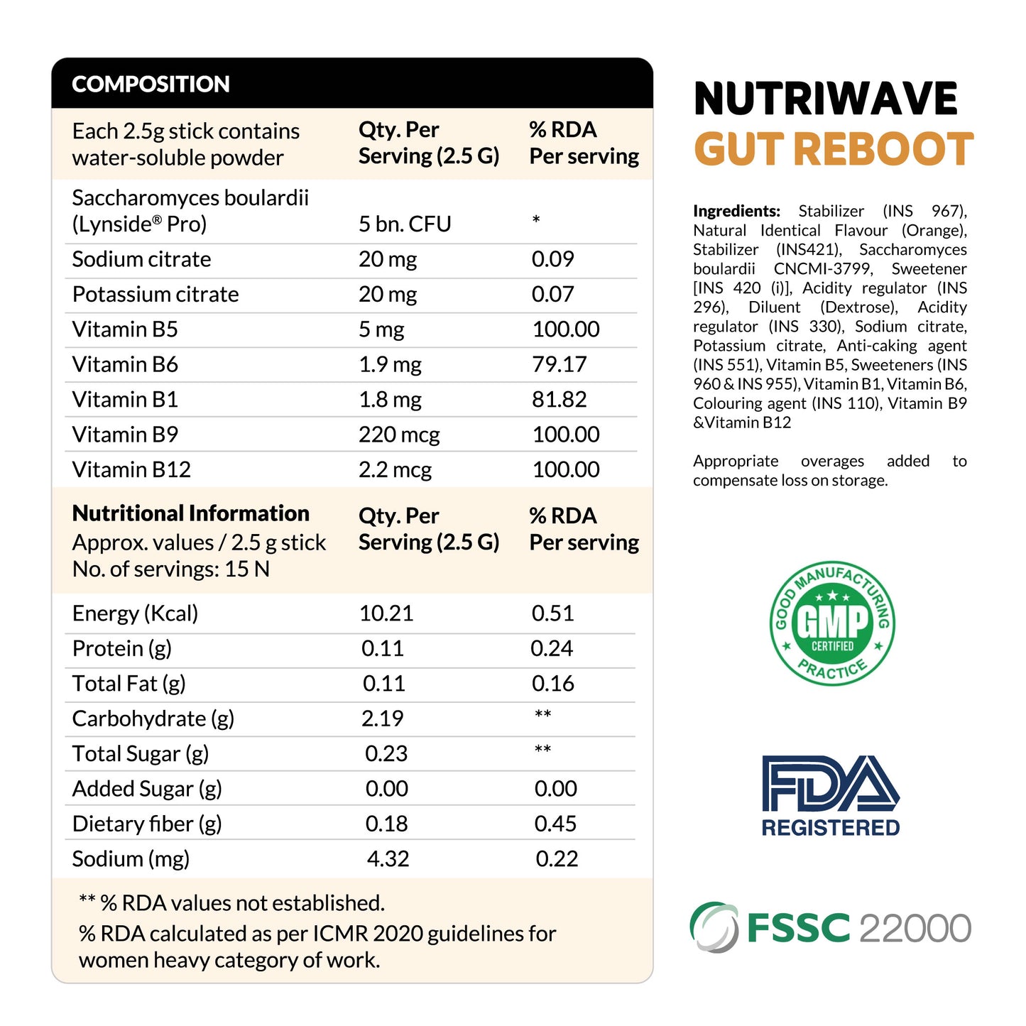 Nutriwave Gut Reboot Probitic Sachet label with nutritional information and ingredients.